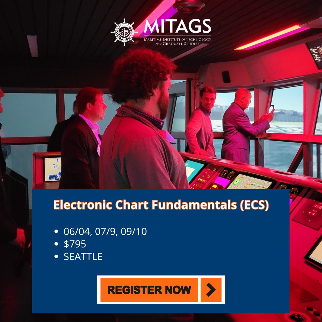 mitags_maritime's tweet photo. Strengthen your electronic navigation skills with MITAGS’ Electronic Chart Fundamentals (ECS) course. ⚓

Learn more:
https://t.co/bUbg1hgqLc

#MITAGS #MaritimeTraining #ElectronicCharts #NavigationTraining #MerchantMarine #STCW https://t.co/JrtHbw60fK