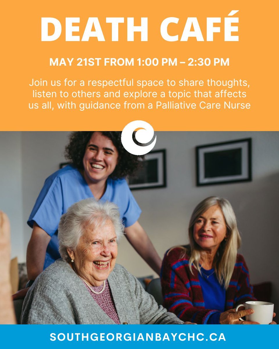 SGB_CHC's tweet photo. โ A welcoming place to talk, reflect and connect.
๐
Thursday, May 21
๐ 1:00 PM โ 2:30 PM
๐ Stayner Library
๐ Register here: https://t.co/eQ1OYkK0r6
#DeathCafe #SGBCHC #OpenConversations #TeaAndConversation #EndOfLifeConversations #CommunityWellbeing #HealthAndWellness https://t.co/4IkMpI1GES