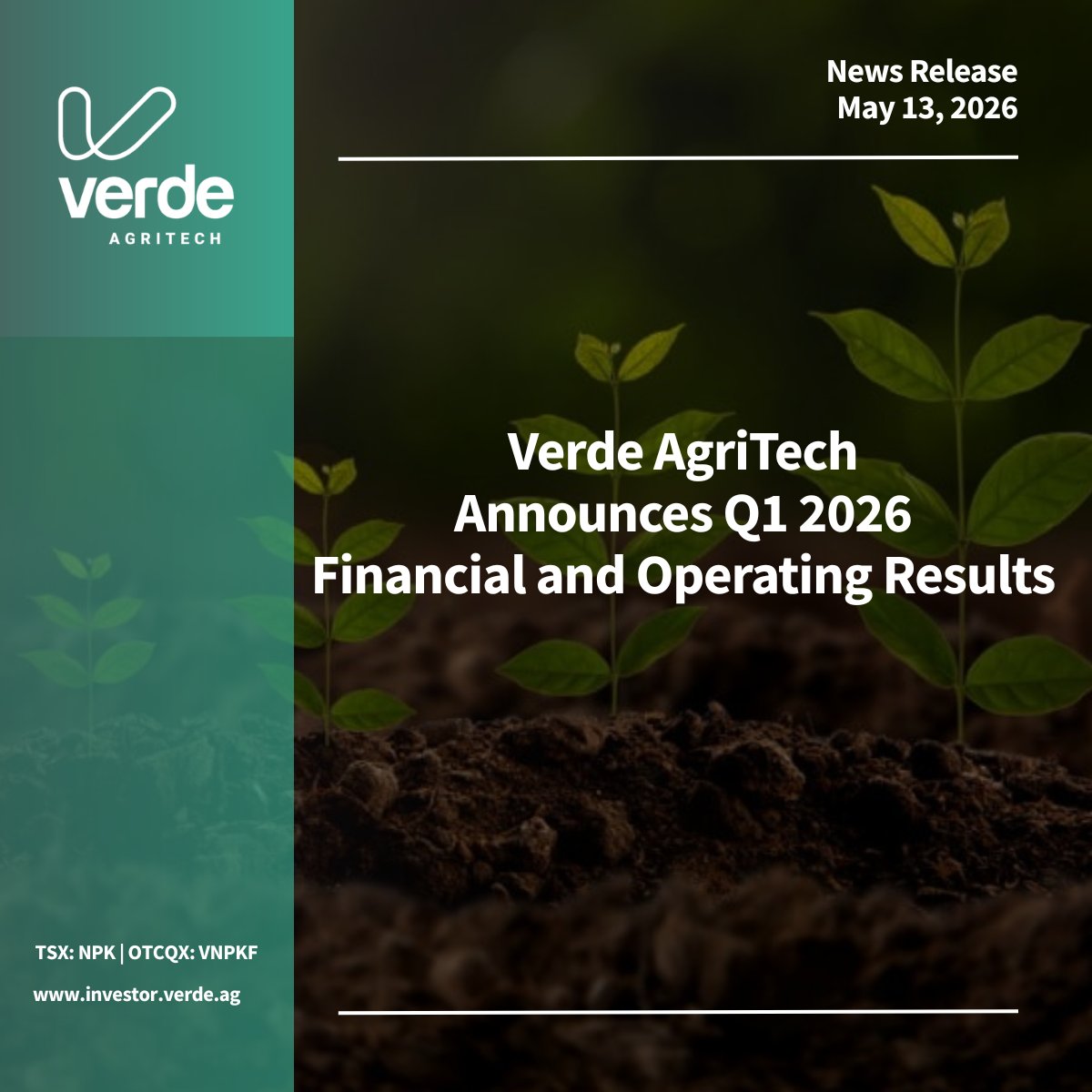 verdeagritech's tweet photo. Verde announces Q1 2026 results.

📷Conference call: Wednesday, May 13th at 2:00 PM ET  📷 https://t.co/uKMQUC128p

📷Read full announcement: https://t.co/mlhOk0Xxgv

#RareEarths #CriticalMinerals #Agriculture #Mining 
$NPK.TO
$VNPKF https://t.co/1S8xYIDbvP