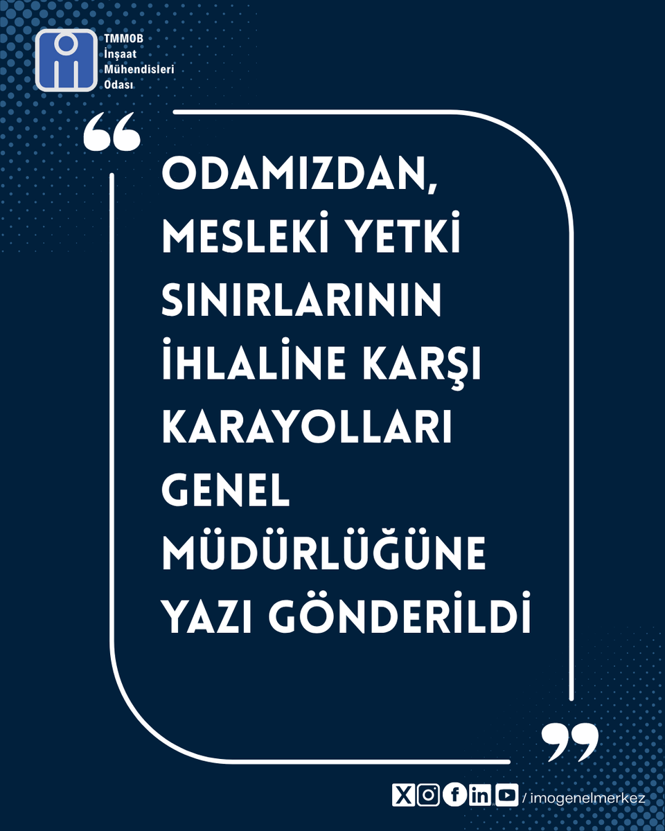 imomerkez's tweet photo. 🔷Odamızdan, Mesleki Yetki Sınırlarının İhlaline Karşı Karayolları Genel Müdürlüğüne Yazı Gönderildi

📍TMMOB İnşaat Mühendisleri Odası tarafından, Karayolları Genel Müdürlüğü bünyesinde gerçekleştirilen yapım işi ihalelerinde inşaat mühendisliği diplomasının yeterlik kriteri dışında bırakılarak mesleki yetki sınırlarımızın ihlal edilmesine karşı ilgili kuruma resmi bir yazı gönderilerek gerekli girişimlerde bulunuldu.

🔗Haberin devamı 👇
https://t.co/vl4TGhtWgV