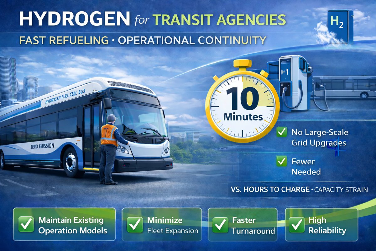 DiscoverGenH2's tweet photo. Zero-emission transit still needs to run on schedule. 🚌

As agencies scale clean transit fleets, fast refueling and operational continuity are becoming major advantages.
👉Read More: https://t.co/9uRpNl1t6Q

#Hydrogen #CleanTransit #ZeroEmission #FuelCell #PublicTransit #GenH2 https://t.co/vv6Yn8rwku