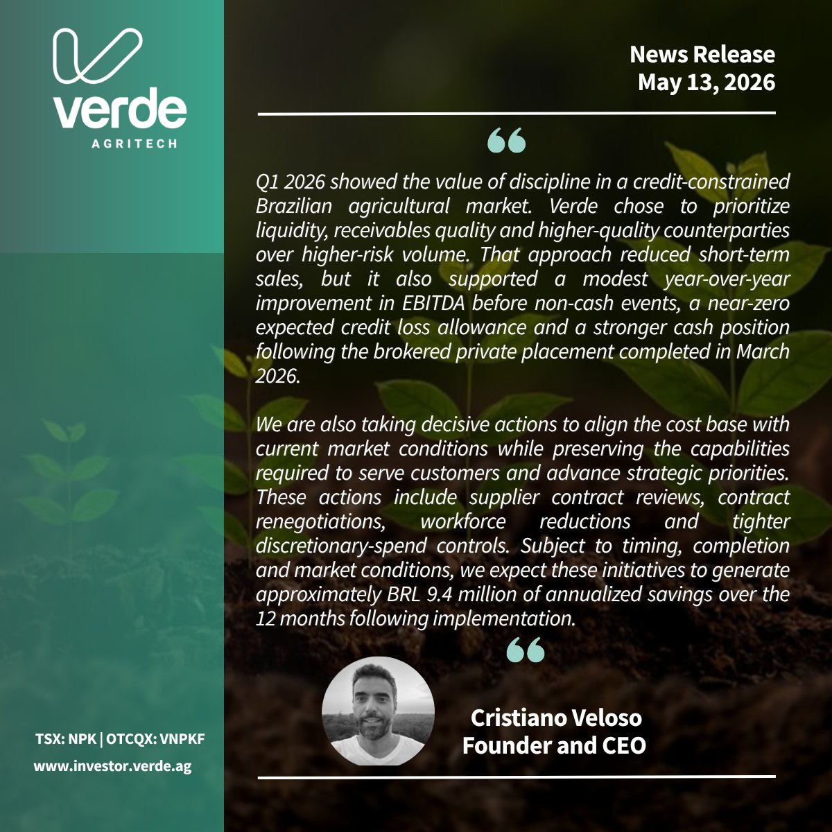 verdeagritech's tweet photo. Verde announces Q1 2026 results.

📷Conference call: Wednesday, May 13th at 2:00 PM ET  📷 https://t.co/uKMQUC128p

📷Read full announcement: https://t.co/mlhOk0Xxgv

#RareEarths #CriticalMinerals #Agriculture #Mining 
$NPK.TO
$VNPKF https://t.co/1S8xYIDbvP
