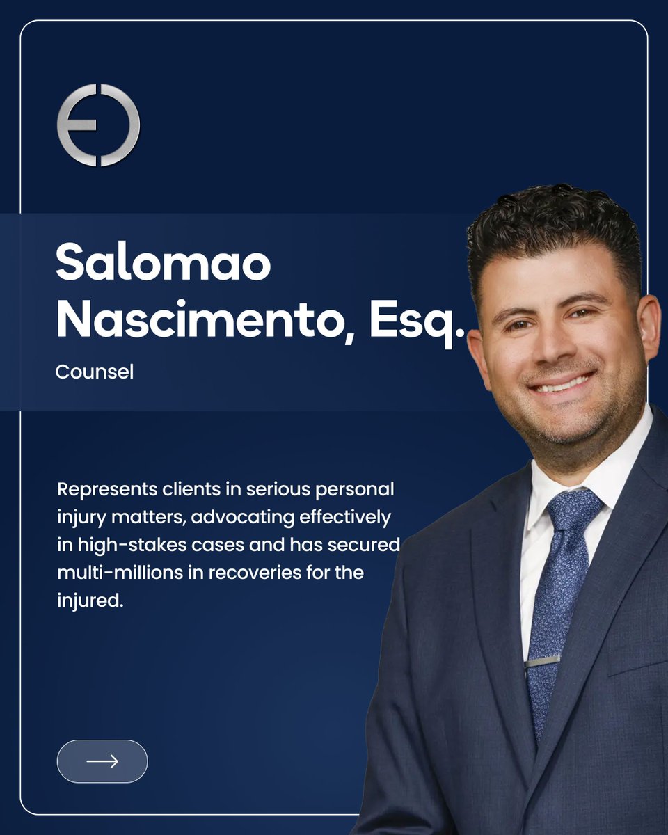 EpsteinOstrove's tweet photo. Salomao “Sal” Nascimento, Esq. has recovered millions for his clients, including significant results in catastrophic injury and motor vehicle matters. His record, recognition, and relentless commitment make him a strong advocate for those who need someone ready to fight for them. https://t.co/8Od3JnV7t1
