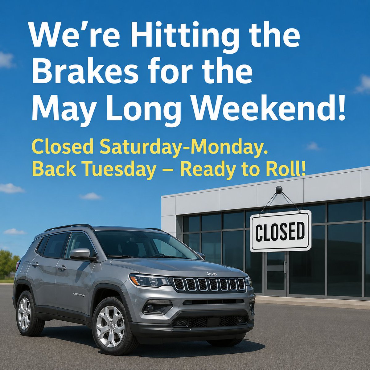Dobson_Chrysler's tweet photo. 🚗💥 We’re hitting the brakes for the May Long Weekend! Dobson Dealerships will be closed – back in action Tuesday, refreshed and ready to roll! https://t.co/Ad1Af6zRyC