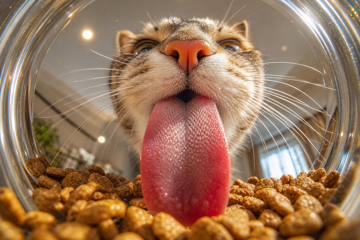 Macro Cat Tongue in Food Bowl