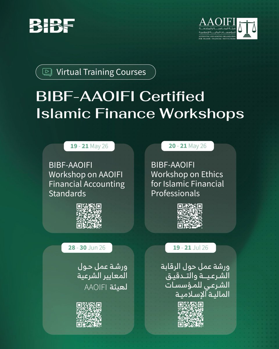 TheBIBF's tweet photo. Join our BIBF-AAOIFI Certified Islamic Finance Workshops and gain practical insights into financial accounting standards, ethics, Shari’a standards, and Shari’a governance &amp; audit.

Limited seats available. Contact 1781 5555 / 6634 or islamicfinance@bibf.com for more info. https://t.co/XDcwxqfmFV