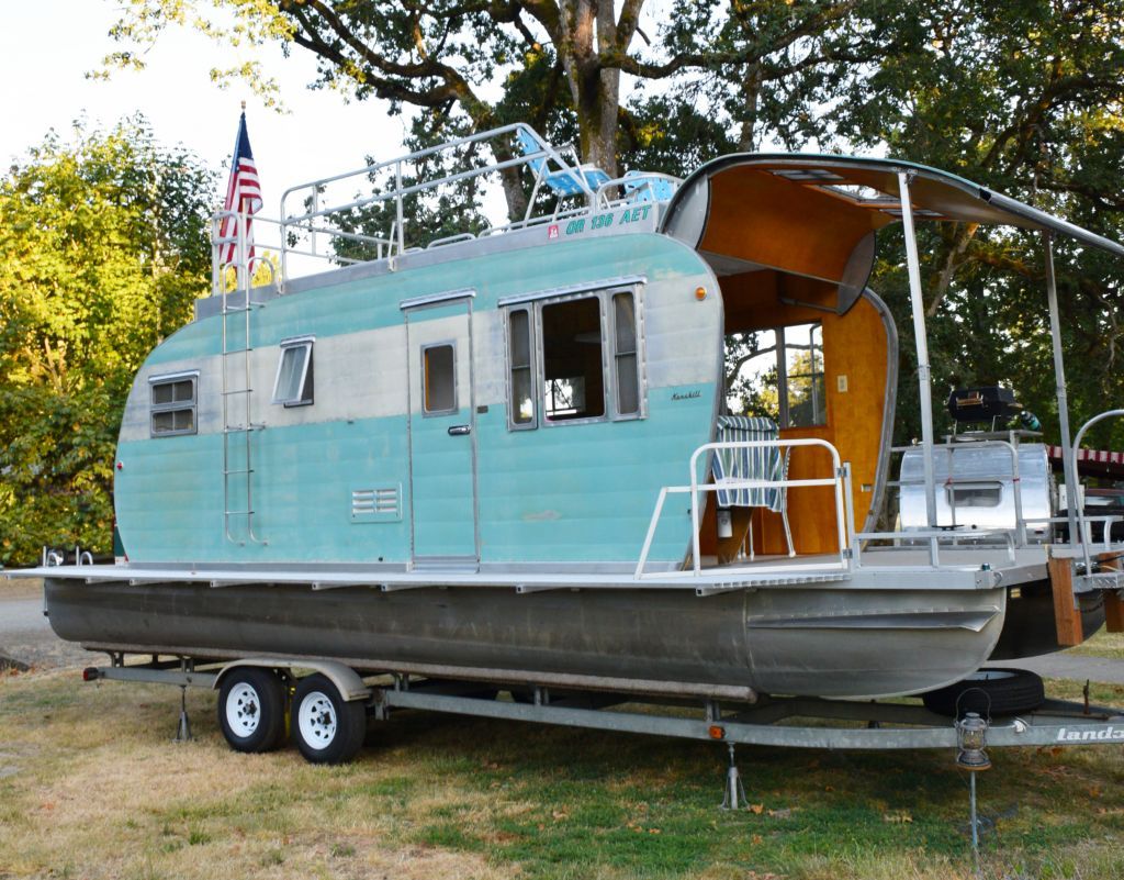 RVupgrades's tweet photo. A 1954 Kenskill travel trailer converted into a houseboat! 😮https://t.co/2mjBGkfK4P https://t.co/Hqa1DOZTuD