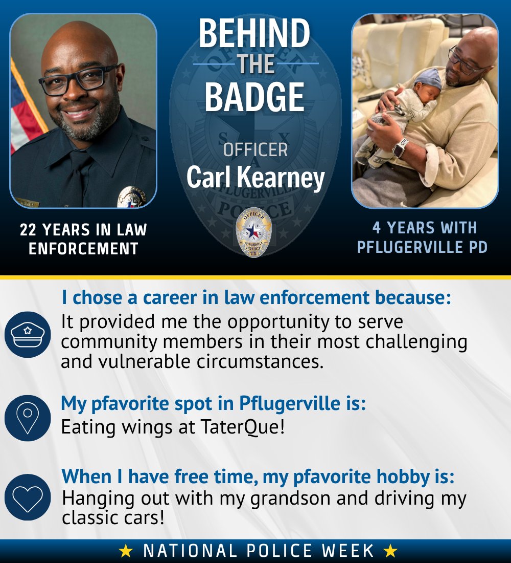 Pf_Police's tweet photo. For #NationalPoliceWeek, we’re highlighting some of our officers who serve Pflugerville with integrity and bravery. Their unique backgrounds and expertise help us meet our community's needs. 

🔍Check out the community services we offer: https://t.co/jxqWKWJnf9

#BehindTheBadge https://t.co/YiNgFSpPle
