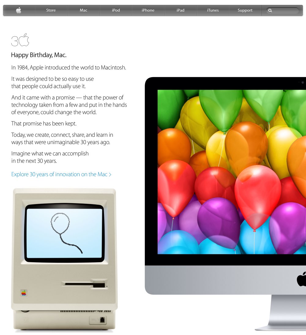 techwitheugene's tweet photo. Back in 2014,  celebrated 30 years of the Mac with this homepage 🖥️🎈 https://t.co/7frvLEGaE4