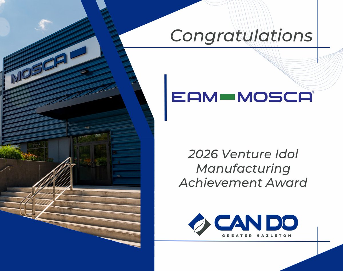 hazletoncando's tweet photo. Congratulations to Valmont Industrial Park tenant, @EAMMoscaCorp, on being named the recipient of @BenFranklinNEPA’s Manufacturing Achievement Award at the Ben Franklin's 2026 Venture Idol!   

Learn more➡️: https://t.co/2AkEk6tQVc

#VentureIdol #BenkFranklinNEPA #EAMMosca #CANDO https://t.co/cw0Y1WCIat