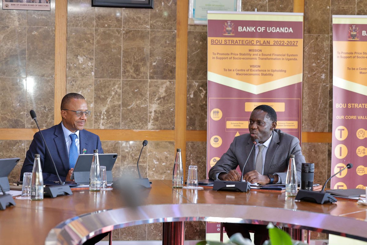 BOU_Official's tweet photo. The Bank of Uganda today welcomed the Governor of the Bank of Namibia, Mr Ebson Uanguta, and his delegation for a series of high-level engagements aimed at deepening cooperation between the two central banks.

The discussions reaffirmed the longstanding relationship between Bank of Uganda and the Bank of Namibia, including the existing Memorandum of Understanding between the two institutions.
The engagement provided an opportunity to exchange experiences on issues of mutual central banking interest, including monetary policy and research collaboration, digital payments and oversight, prudential supervision, and the macroeconomic and financial sector implications of oil and gas developments.
With Uganda advancing towards first oil and Namibia emerging as one of Africa’s important oil and gas frontiers, the discussions also explored monetary policy considerations arising from resource discoveries, energy-sector financing exposure, and sovereign wealth fund management and governance.

The governor and deputy governor, together with teams from the Bank of Uganda, hosted technical presentations aimed at strengthening peer learning, institutional coordination, and alignment of central banking priorities with national development goals.