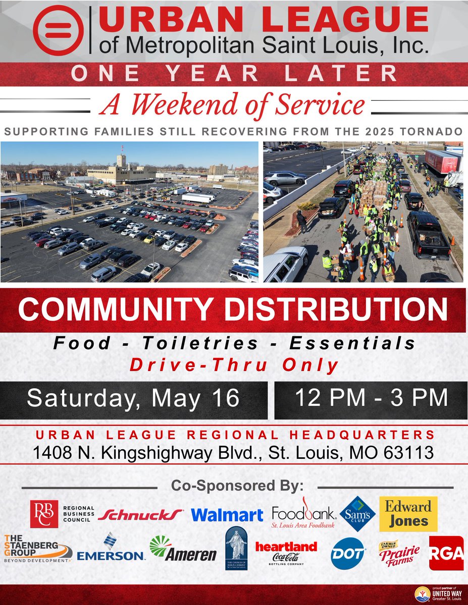 MMULSTL's tweet photo. PLEASE SPREAD THE WORD TO ANYONE STILL IN NEED OF SUPPORT! One year after the devastating 2025 tornado, the @ulstl Urban League of Metropolitan St. Louis and our incredible community partners are coming together for what will be our largest distribution effort ever as part of “One Year Later: A Weekend of Service.”

This Saturday, May 16, from 12–3 PM at the Urban League Regional Headquarters, we will provide food, toiletries, and essential items to thousands of families still recovering and rebuilding. This will be a drive-thru only distribution at 1408 N. Kingshighway Blvd., St. Louis, MO 63113.

A very special thank you to our co-sponsors and partners helping make this possible: Regional Business Council, Schnucks, Walmart, St. Louis Area Foodbank, Sam’s Club, Edward Jones, The Staenberg Group, Emerson, Ameren, The Church of Jesus Christ of Latter-day Saints, Heartland Coca-Cola, DOT Foods, Prairie Farms, RGA, and United Way of Greater St. Louis. Thank you as well to the many volunteers and organizations stepping up to serve our community during this important weekend of service.

St. Louis has always shown its strength through service, and this weekend will be another powerful example of what we can accomplish together.

#ULSTL #UrbanLeague #WeekendOfService #StLouisStrong #CommunitySupport