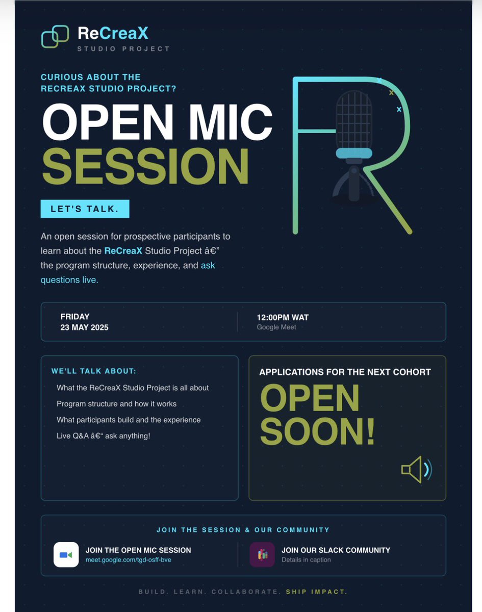 ReCreaX_'s tweet photo. Curious about the ReCreaX Studio Project? ๐
Join our Open Mic Session this Friday to understand the program, structure, and ask questions before applications open. ๐ค
Join Slack for updates: https://t.co/F1VYXCtQg0
#ReCreaX #OpenMicSession #TechTalent https://t.co/78aSy3Ch51