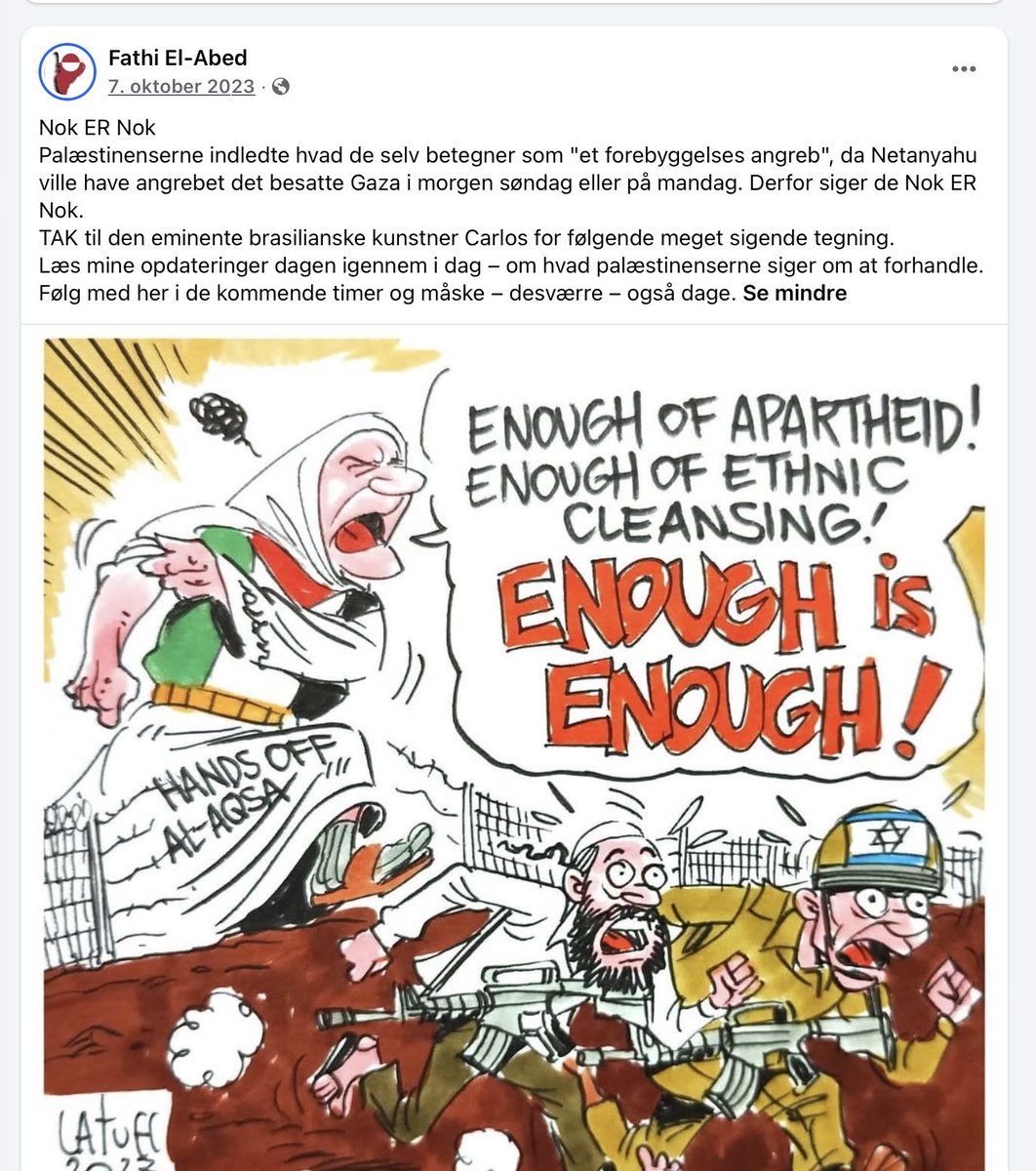 mrconfino's tweet photo. Retten på Frederiksberg afgjorde den 29.april, at jeg ikke måtte kalde Fathi El Abed “terrorsympatisør” i forbindelse med min kritik af, at TV2 i 2024 anvendte ham i et interview på årsdagen for 7. oktober. 
 
Jeg mener fortsat, at jeg er i min gode ret til at kritisere TV2’s valg af Fathi med den valgte ordlyd. Dette baserer jeg på hans egne udtalelser og opslag, som alle er på hans profil den dag i dag. Ingen kan være i tvivl om, hvad han har skrevet. 
 
Et eksempel: Den 7. oktober 2023 omtalte han massakren som et “storstilet forebyggelsesangreb”. Havde en person omtalt 9/11 på den måde på selve dagen for angrebet, ville man som minimum forvente at han beklagede og slettede opslaget dagen efter. Det har Fathi ikke gjort, her 2.5 år efter angrebet. 

I min optik fremstod Fathi som om han var i ekstase over begivenhederne. Han skrev “vi”, når han beskrev, hvad Gaza havde “opnået”. Han har desuden utallige gange sørget over drab på terrorister, som han blot omtaler som familiefædre, teenagere m.v. uden at nævne, at flere af dem var aktive kombattanter i Hamas og Islamisk Jihad. 
 
Det er ikke sket én gang, men mange gange, og dommeren troede på Fathi, da han forklarede, at han ingen idé havde om, hvem de var. En belejlig redningsplanke for Fathi. Man kan åbenbart ikke forvente, at Fathi som minimum har sat sig en smule ind i hvilke personer han begræder drabene af.

Retten gav Fathi medhold, fordi man troede på at hans opslag om ”forebyggelsesangreb,” var lavet om morgenen den 7. oktober 2023, hvor ingen vidste, hvad der skete. Det på trods af at det stod soleklart i løbet af de første timer d.7 oktober, at Hamas og andre terrorgrupper havde infiltreret grænsen mellem Gaza og Israel, og at de slagtede civile til Nova Musikfestival og i Kibbutzer. 

Fathi har desuden selv har forklaret, at han var i kontakt med journalister og optrådte på danske medier dagen igennem. Altså på selve dagen hvor alle medier berettede om, at der var tale om et massivt terrorangreb. 

Endnu mere absurd bliver det, når fakta er, at Fathi fremsatte påstanden om at der skulle være tale om et “forebyggelsesangreb” både kl. 16:37, kl.. 20:16 og igen kl. 22:56 d. 7. oktober. 

Tidspunkter hvor hele verden vidste hvor omfattende og bestialsk et terrorangreb der var begået. Meget interessant i lyset af, at dommeren udtaler, at det ville være udtryk for strafbar terrorbilligelse, hvis han havde været klar over, hvilken massakre der var i gang.
 
Dommeren siger blandt andet “at man således ville blive fundet skyldig i terrorbilligelse, hvis man offentligt tilkendegav, at angrebet den 7. oktober 2023 var et ”forebyggelsesangreb”, der gav anledning til, at man ikke kunne få armene ned, og som man havde ”sympati” med – selv om man vidste, at angrebet havde indebåret bl.a. drab på et stort antal civile deltagere i en musikfestival.”
 
Her minder jeg igen om, at Fathis opslag stadig er oppe med præcis det indhold. 
 
Og det er vigtigt at understrege: Jeg har ikke anklaget ham for terrorbilligelse. Så havde jeg nok bare anmeldt ham til politiet i stedet. Terrorbilligelse er strafbart. Terrorsympati er ikke.
 
Jeg er også uenig med retten i, at mine opslag om Fathi skal reduceres, og at jeg ikke har en udvidede ytringsfrihed som journalist med mit opslag. 

Mit opslag var rettet mod TV2 og ikke Fathi som sådan, men dommeren mener alligevel ikke at min journalistiske ytringsfrihed er beskyttet. Han mener i stedet, at jeg udtaler mig som privatperson, selv om jeg i vidneskranken under strafansvar forklarede det modsatte.
 
Dommerens vurdering betyder, at journalister ikke fra deres Facebook profiler fremover kan kommentere og kritisere journalistisk arbejde, eller i presselogen eller Q&Co, uden risiko for, at en dommer vurderer, at vi er privatpersoner, som så har en svagere ytringsfrihed. 
 
Derfor bliver den her afgørelse pludselig meget mere principiel.