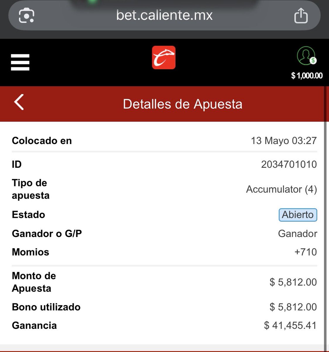 RevolverBets's tweet photo. Caliente me solto un bono y me arme un parlay de 4

5,812$  para 41,000$

Lo publico o q show https://t.co/dbZJKpgMk1