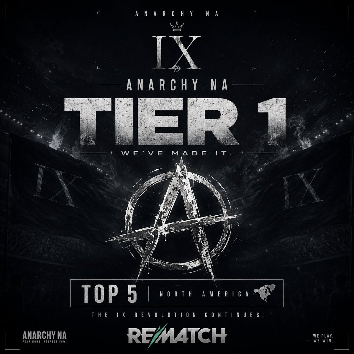 Anarchy_clubES's tweet photo. OUR NA @PlayRematch  TEAM HAS MADE IT
Anarchy NA team has achieved T1 in NA with a very good result, top 5 of all NA.
CONGRATULATIONS GUYS
#GoAnarchy #SomosAnarchy #NA https://t.co/us7F93Br9u