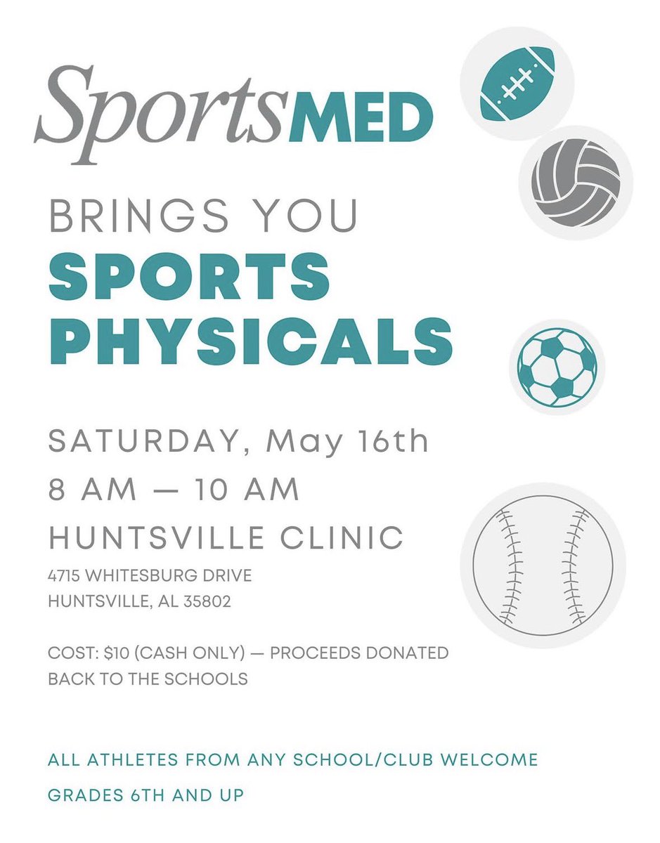 JPIISports's tweet photo. THIS SATURDAY! Sports physicals will be held at SportsMed on Saturday, May 16th from 8AM-10AM at their Whitesburg location! The cost is $10 cash and that will be donated back to the school. https://t.co/OxXsVangWG