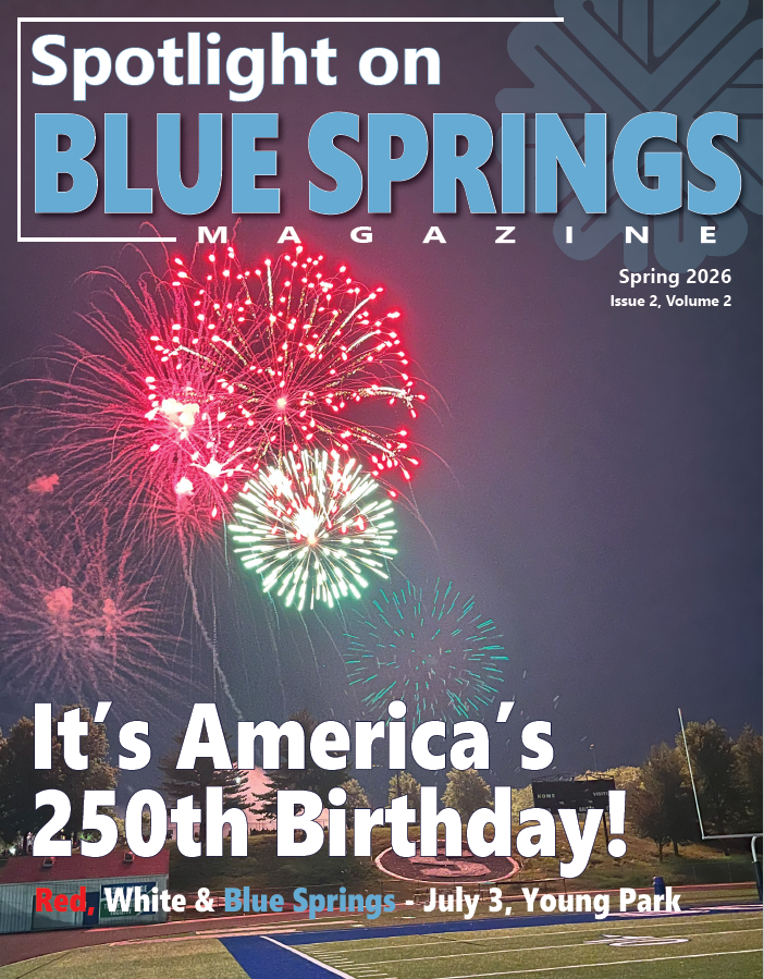 BlueSpringsGov's tweet photo. The spring issue of Spotlight on Blue Springs Magazine is now available. Read about the City’s plans to celebrate America’s 250th birthday, the Blue Springs Historical Society’s 50th anniversary and road improvement projects. https://t.co/KrANSB07Ml @BlueSpringsPark https://t.co/LQukdNtwJG