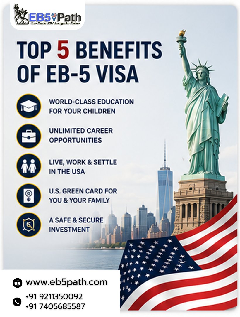 EB5Path's tweet photo. Top 5 Benefits of the #EB5VisaProgram.
Why are successful families choosing the EB-5 pathway for their future?
✅ U.S. #GreenCard for you &amp; your family
✅ Freedom to live, workin the #USA
✅ Access to world-class education
✅ Global Business opportunities
✅ Long-term security https://t.co/XVUxLQNBiG
