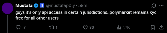 BruhXBT's tweet photo. A lot of misinformation circulating on X regarding KYC required for @Polymarket . @mustafap0ly clarified it is only for api access for specific jurisdictions and it is kyc free for users.

Thanks for clarifying mustafa. https://t.co/BMZuEePkLs