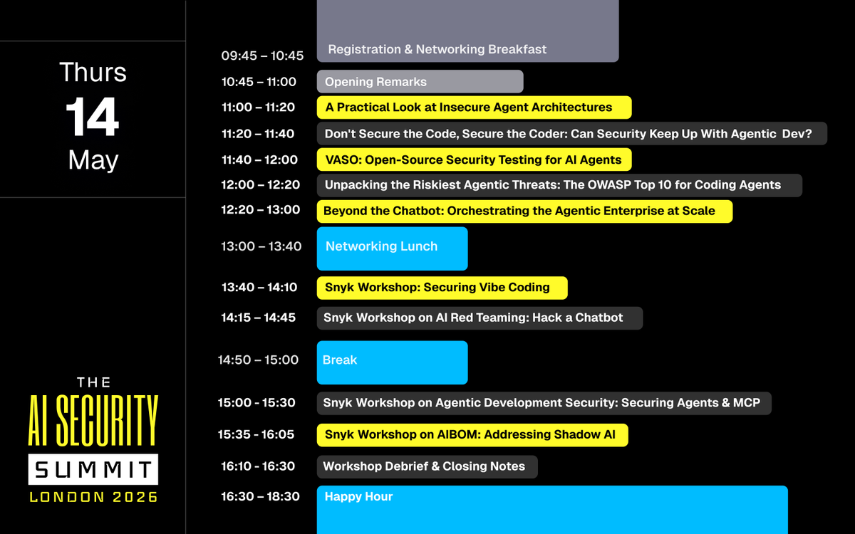 AISecSummit's tweet photo. The AI Security Summit London is tomorrow! 🇬🇧

A day to learn, network, and innovate with the people shaping the future of AI security. Check out the run of show below ⬇️

Are you attending? Drop a comment with what you're most looking forward to. https://t.co/AfjwPW8SIp
