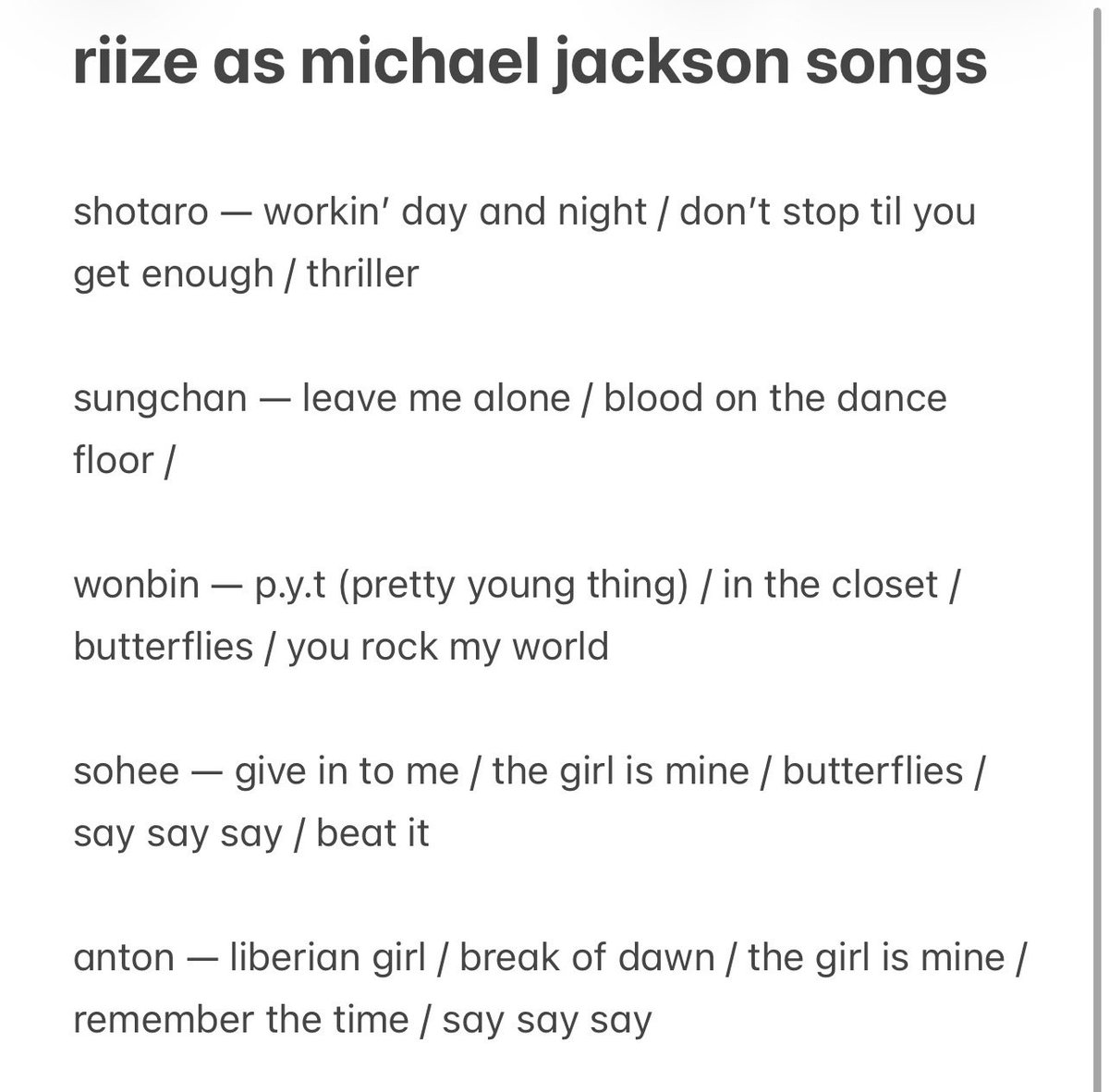 biinhee's tweet photo. riize as michael jackson songs —

i’m sorry im too lazy to actually make a thread but enjoy what i came up w hehe https://t.co/unfWUUu8Su