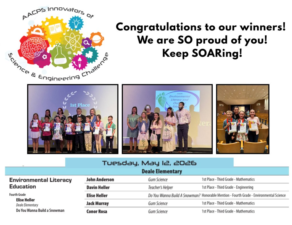 DealeAACPS's tweet photo. Huge congrats to our Eagles who were honored at the 2026 Innovators of Science &amp; Engineering Challenge! 🌟Awards were accepted last night &amp; we are beyond proud of their hard work and brilliant problem‑solving. Way to SOAR!  #DealeEaglesSOAR #BelongGrowSucceed  #AACPSawesome https://t.co/JAanIQO6Y6