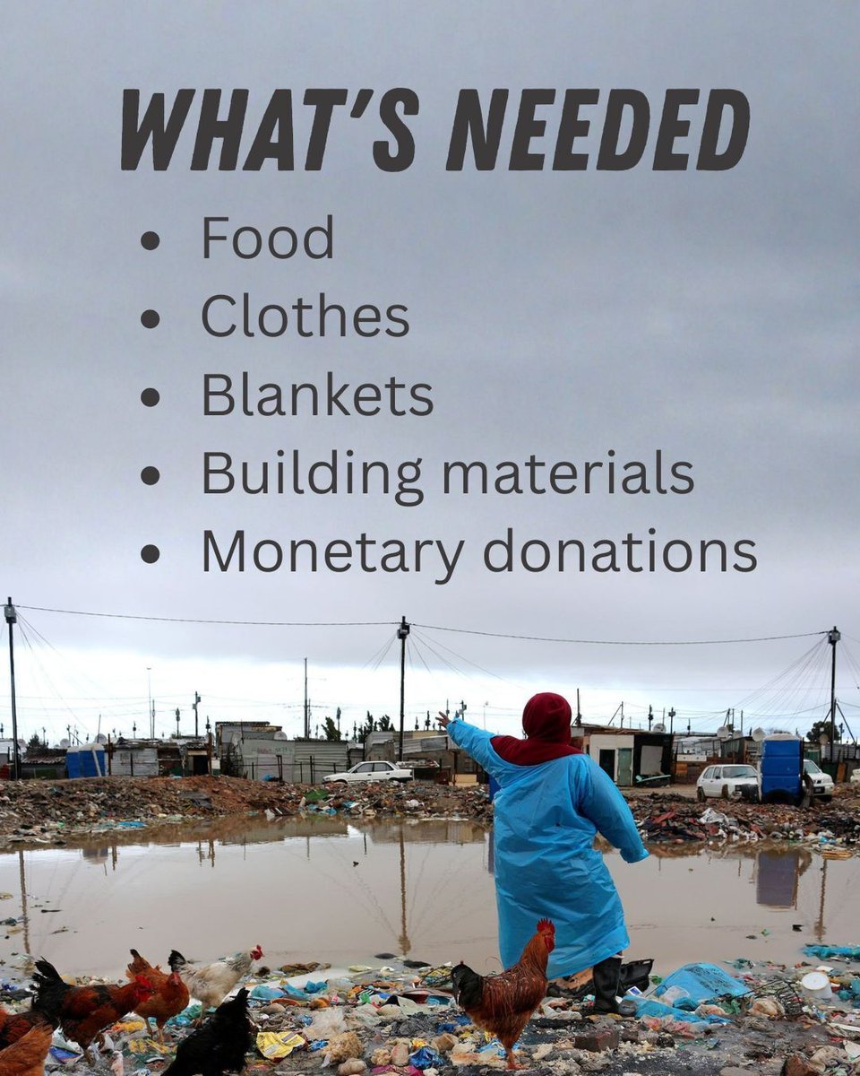 Mobilize_ZA's tweet photo. 🚨 CAPE FLOODING APPEAL

Heavy rains have devastated informal settlements across the Eastern and Western Cape, as well as communities in the Swartland. Families have lost everything.

Donations of food, clothes, and blankets are urgently needed.

- Khayelitsha: 071 369 7697
- Swartland: 074 783 7129
- National: Donate via Gift of the Givers: https://t.co/vchIvTSduS

Please share. Every contribution matters. 
#CapeFloods #CapeTown #Khayelitsha #Swartland #HelpOurCommunities