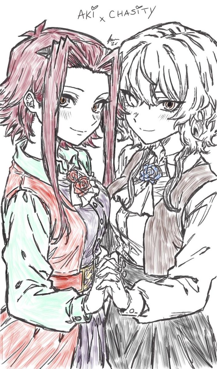 __BloomingRose's tweet photo. 🌹—
Doodled the bestest of flower ladies , Aki and my YGO oc Chasity 
( @Aroma_Florist )

Two versions, because why not :3

No, I didn't forget one of Chasity's eyes, she's blind in it . https://t.co/80GAuvR4hx