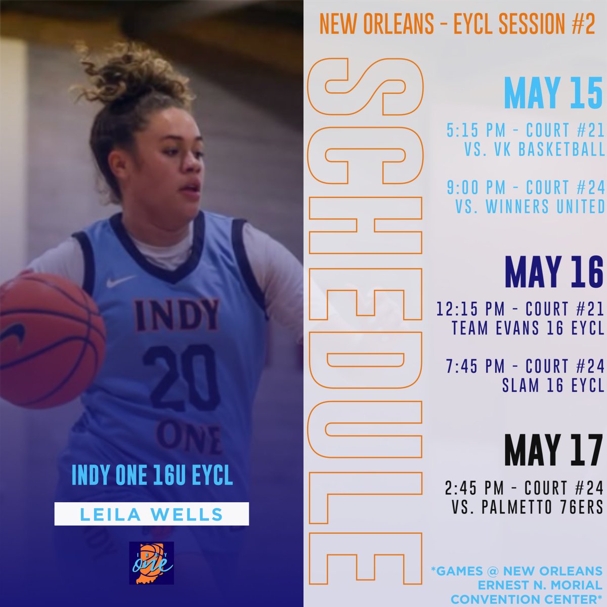 Leilaw3lls's tweet photo. Looking forward to hopefully carrying over our success from Nike EYCL Session 1 to Session 2 when we take the court with a full squad in New Orleans this weekend. Here's our schedule @IndyOneHorton https://t.co/YXBAhRX95C