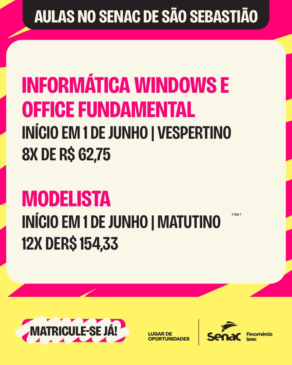 SenacDF's tweet photo. 📣 O Senac-DF está com vários cursos incríveis no polo de educação profissional em São Sebastião para você se inscrever!

Acesse nosso site:
➡️ https://t.co/noA73rHbAd

#SenacDF #VaideSenac #VaideSenacQueÉSucesso #SãoSebastião https://t.co/4mFdSuSHZm