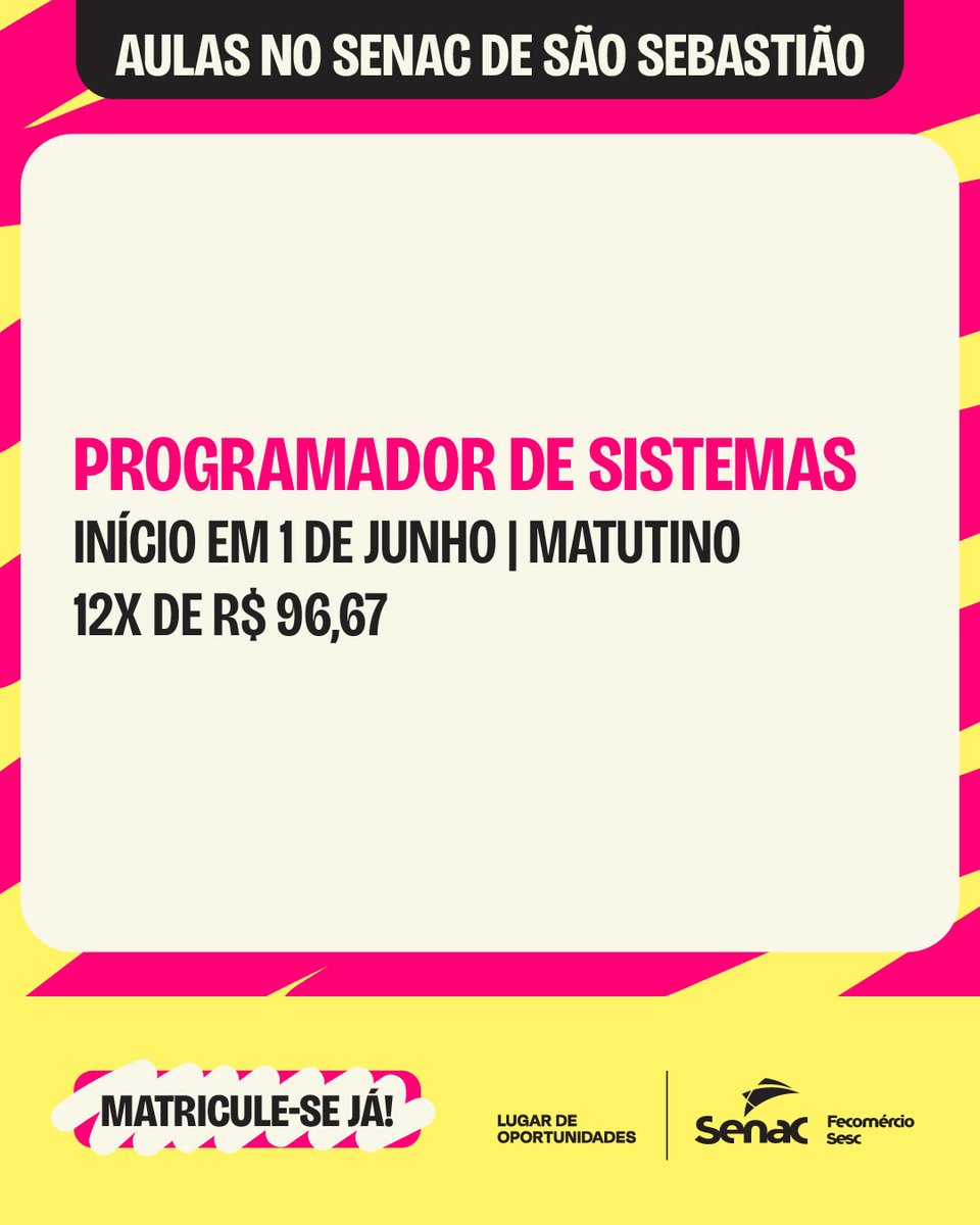 SenacDF's tweet photo. 📣 O Senac-DF está com vários cursos incríveis no polo de educação profissional em São Sebastião para você se inscrever!

Acesse nosso site:
➡️ https://t.co/noA73rHbAd

#SenacDF #VaideSenac #VaideSenacQueÉSucesso #SãoSebastião https://t.co/4mFdSuSHZm
