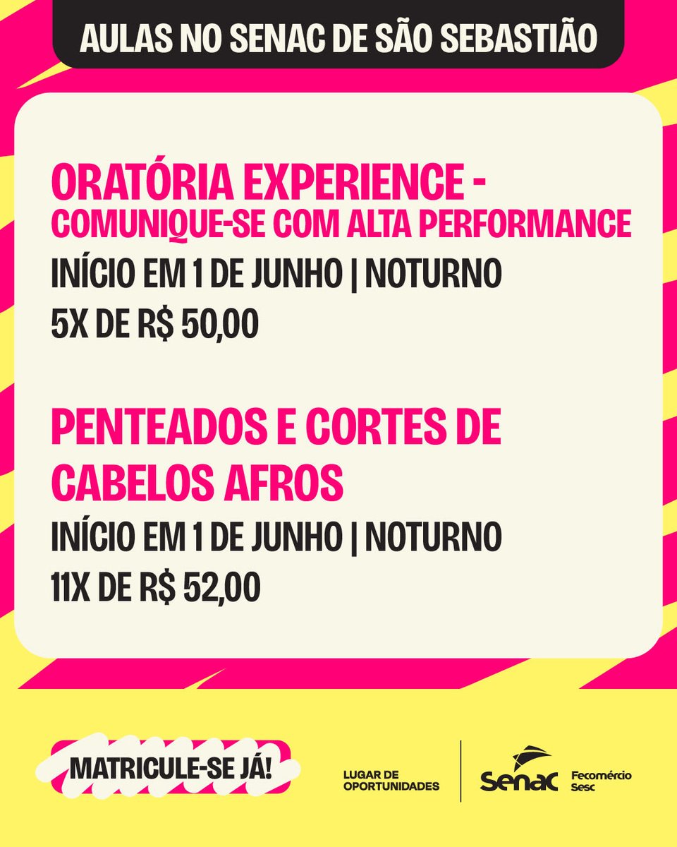 SenacDF's tweet photo. 📣 O Senac-DF está com vários cursos incríveis no polo de educação profissional em São Sebastião para você se inscrever!

Acesse nosso site:
➡️ https://t.co/noA73rHbAd

#SenacDF #VaideSenac #VaideSenacQueÉSucesso #SãoSebastião https://t.co/4mFdSuSHZm