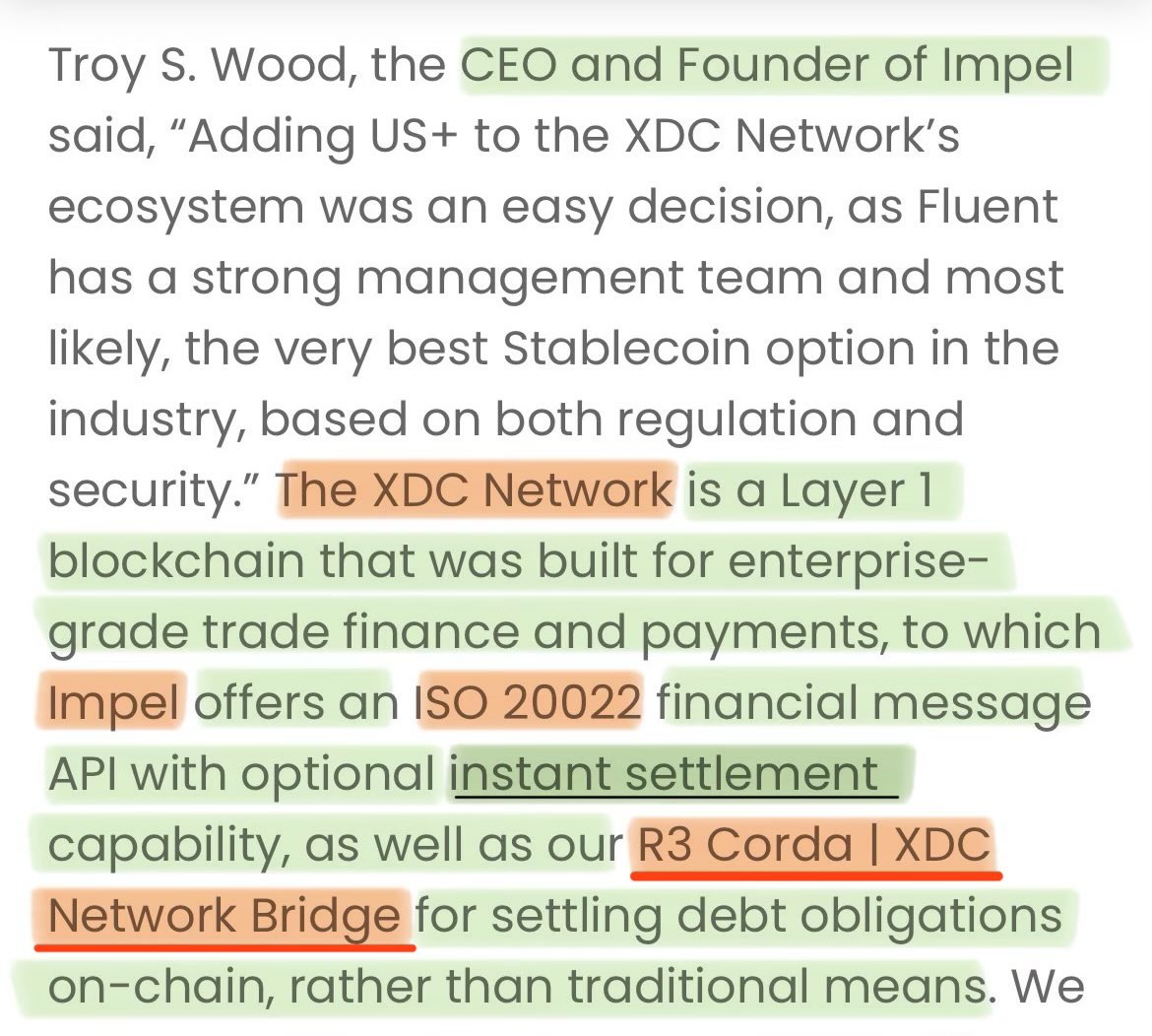 Visualedger's tweet photo. XDC Network 🤝 DTCC

Recently, London Summit showed $XDC Network sitting at the table with the DTCC (and BlackRock).

XDC Network, alongside $XRP and $XLM, is a settlement network for R3’s Corda; the underlying technology that has been chosen back in 2022, to activate one of the largest financial DLT infrastructures (for the DTCC).

By utilizing the XDC Network, institutions can settle debt obligations on-chain. This is powered by ISO 20022 financial messaging and US+ by Fluent, the most secure, regulated stablecoin in the industry.

Which coincides with DTCC’s regulatory aim for private - and instant settlements (T+0).