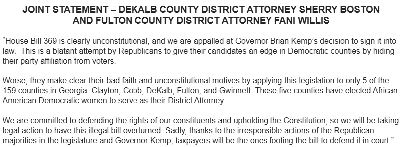 rahulbali's tweet photo. "We will be taking legal action to have this illegal bill overturned."

DeKalb District Attorney Sherry Boston &amp; Fulton District Attorney Fani Willis respond to the Governor signing House Bill 369, which turns their elections and others nonpartisan. #gapol https://t.co/WZi4hbMkYR https://t.co/u9pRjjkjfy