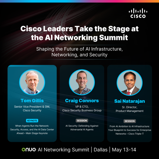 ciscoDC's tweet photo. We are heading to ONUG AI Networking Summit Dallas! Join us May 13-14 to see how we are building the foundation for AI Networks with Cisco Nexus One and secure networking. 

Stop by our sessions to learn more ⬇️
https://t.co/9WFWY6eIpg

#CiscoDataCenter #ONUG2026 https://t.co/BqehWQEi3I