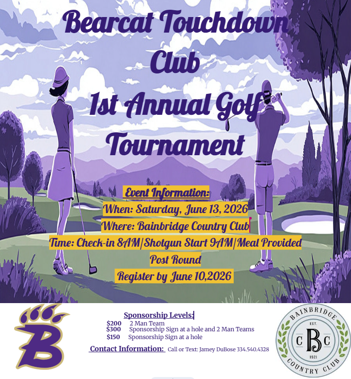 Bearcat_sports's tweet photo. Bearcat Football Touchdown Club 1st Annual Golf Tournament. SATURDAY JUNE 13th
Event Information:
Where: Bainbridge Country Club
Time: Check-in 8AM - 9AM START
Post Round Meal Provided
Register by June 10th. 

Contact Information:   Call or Text: Jamey DuBose 334 - 540 - 4328 https://t.co/uQjUmphLZ0