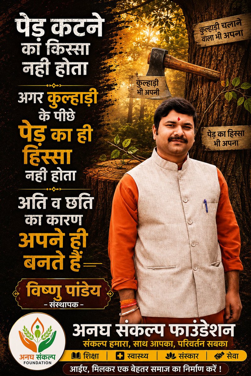 AnaghSankalp's tweet photo. पेड कटने का किस्सा नही होता
अगर कुल्हाड़ी के पीछे पेड का ही हिस्सा नही होता
अति व छति का कारण अपने ही बनते है
विष्णु पांडेय - संस्थापक (अनघ संकल्प फाउंडेशन)
#EducationForAll
#stop_scstact_missuge
#UGC_RollBack
#anaghsankalp #vishnupandey #VemonGroup #HindNewsNation https://t.co/HzvcbUe525