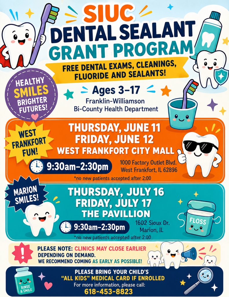 174Schools's tweet photo. FREE dental care for kids ages 3–17!

The SIUC Dental Sealant Grant Program is offering FREE exams, cleanings, fluoride, and sealants this summer in West Frankfort and Marion! Come early , clinics may close early due to demand.

📞 618-453-8823 for more info! https://t.co/RM3h4H59JY