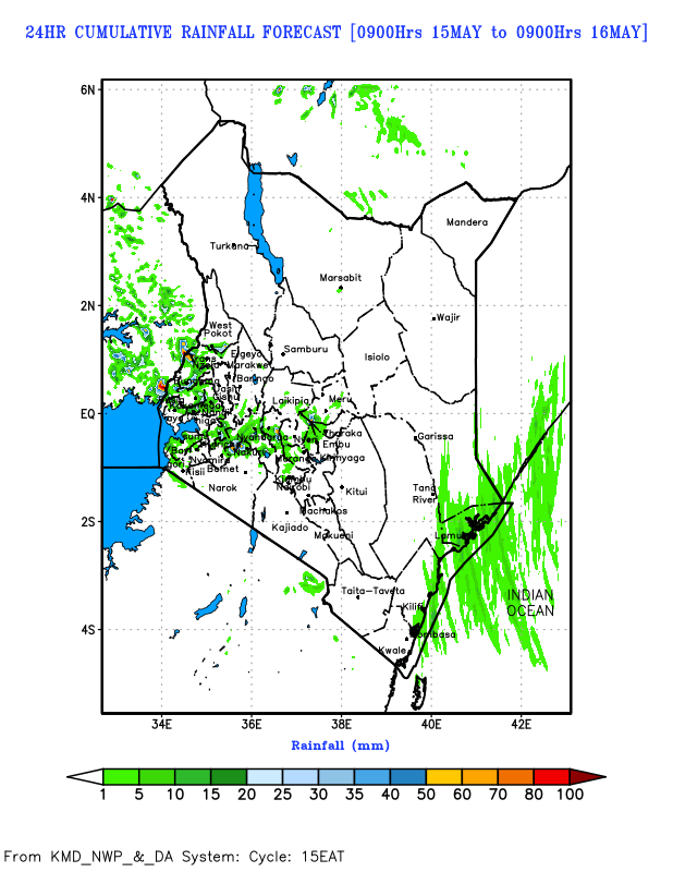 MeteoKenya's tweet photo. DAILY FORECAST FOR THE NEXT FIVE DAYS

⛈️ Rainfall is expected to continue in the Highlands East and West of the Rift Valley, the Lake Victoria Basin, the Rift Valley and some parts of the Coast, and the Northwestern Kenya. 
⚠️Heavy rainfall events may occur in some parts of Highlands East and West of the Rift Valley, the Lake Victoria Basin and the Rift Valley.

✅ Stay informed. Stay prepared.
Kenya Meteorological Service Authority (KMSA)

#WeatherReady #ClimateSmart