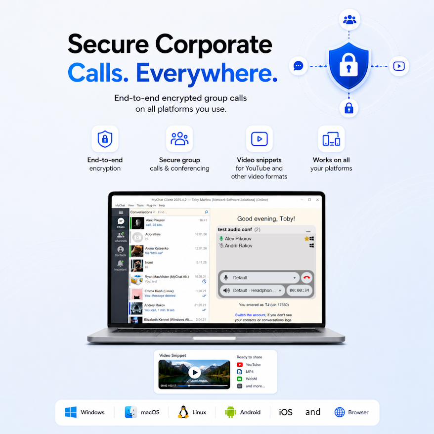 NSS_MyChat's tweet photo. MyChat 2026.3
- Audio conferences in all clients on all platforms
- Snippets for YouTube videos and other video files
- Enhanced security for group calls, and more
Official release article — https://t.co/P3hoQbqvEf https://t.co/KHbPZx6YL5