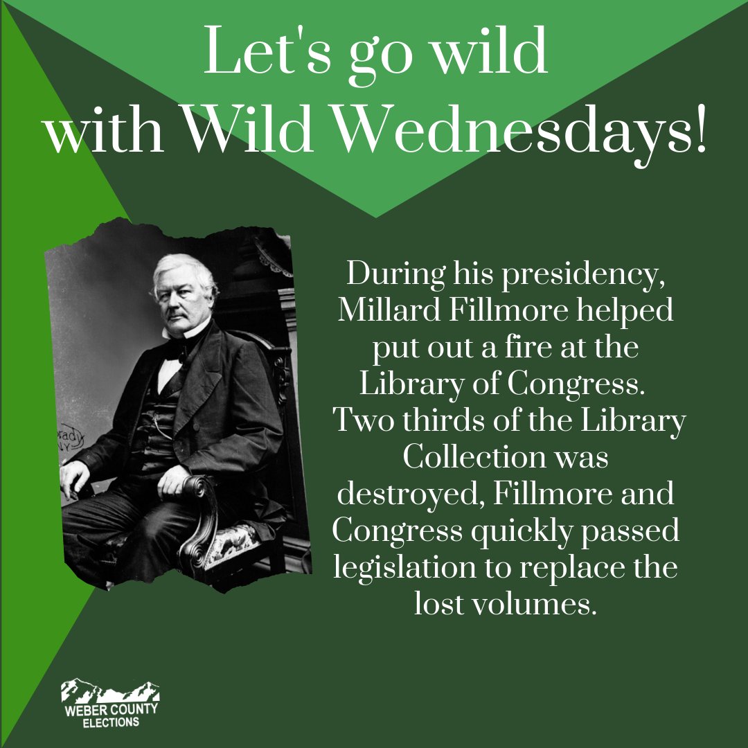 WeberElections's tweet photo. Let's get wild with some weird history. During his presidency, Millard Fillmore helped put out a fire at the Library of Congress. This fire damaged two-thirds of the collection. 
#wildwednesdays #weirdhistory #weberelections #trivia #millardfillmore #libraryofcongress #history https://t.co/6aSu6wrkSO