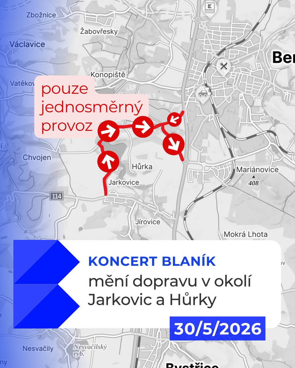 MBystrice's tweet photo. ⚠️ Vzhledem k očekávané vysoké účasti na koncertu Rádia Blaník je nutné počítat s rozsáhlejším dopravním omezením v okolí Benešova a Konopiště. Opatření se částečně týká i nás na Bystřicku. Silnice III/11457 bude průjezdná pouze jedním směrem. 🚗

#Bystřicko #doprava https://t.co/uq0kLFxsJM