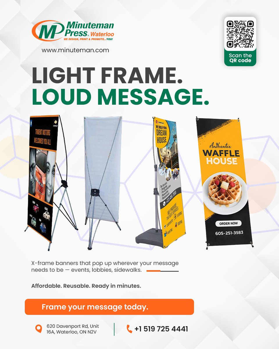 MMP_Waterloo's tweet photo. Light frame. Loud message.

From events and lobbies to sidewalks and storefronts, X-frame banners help your brand stand tall wherever visibility matters.

[ X-Frame Banners, Event Signage, Portable Displays ]

#XFrameBanners #EventPrinting #WaterlooON #MinutemanPress https://t.co/SHQ4iEbaTW