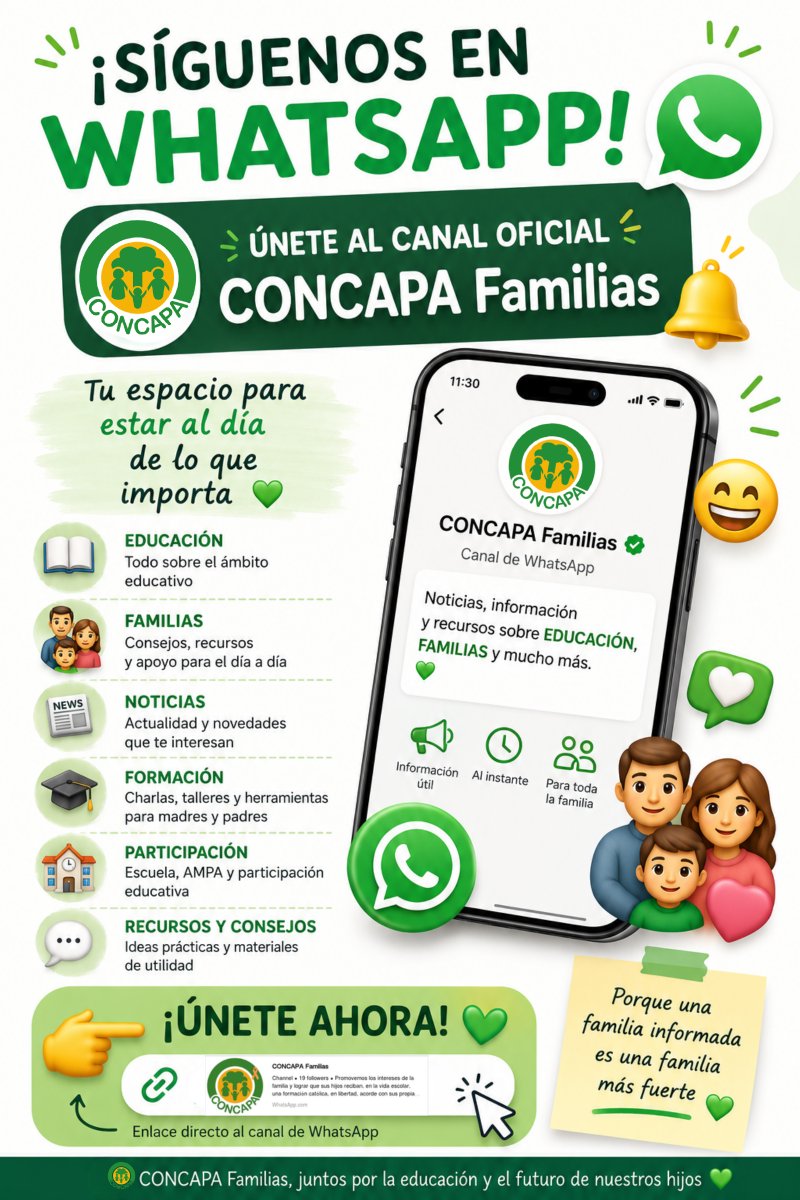 concapa_es's tweet photo. 📲✨ ¡𝐍𝐎𝐕𝐄𝐃𝐀𝐃! Canal oficial WhatsApp de CONCAPA Familias 👨‍👩‍👧‍👦💚
📚 Educación
👨‍👩‍👧 Familias
🗞️ Noticias de actualidad
🎓 Formación para padres
🏫 Escuela y participación educativa
💚 Porque una familia informada es una familia más fuerte.
https://t.co/xU0IfKygam https://t.co/vY5w1iJUzl