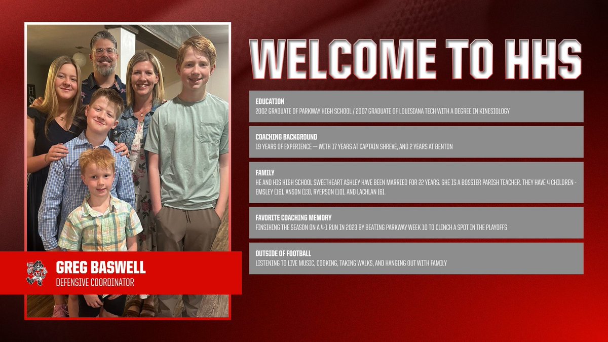 HBucs_football's tweet photo. Join us in welcoming our new Defensive Coordinator Coach Greg Baswell to Haughton High School!

Baz has previously served at Benton High School and Captain Shreve, and we are thrilled to have him on board.

#hammer https://t.co/2KAQHAzPeP