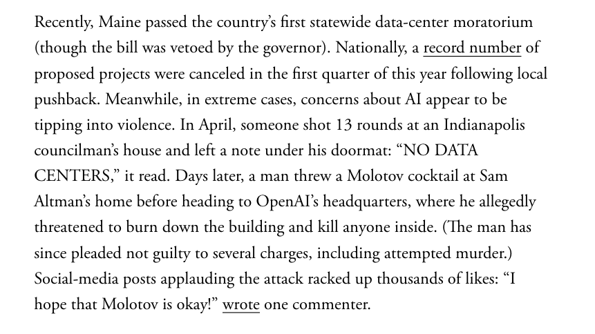 RoseSheinerman's tweet photo. “In recent months, there has been a rise in “direct threats” against individuals, policy makers, and corporations involved with AI, according to the Soufan Center, a nonpartisan research group.” @LilaShroff on the growing AI backlash: https://t.co/XqganY6Ibc