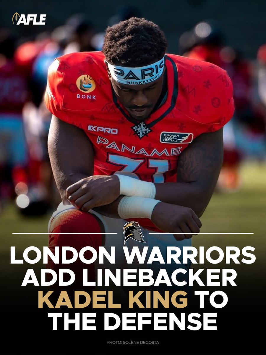 theleagueeurope's tweet photo. The London Warriors announce their first ever homegrown player. British linebacker Kadel King joins the Warriors, bringing three championship titles and experience from across European football to London. ⚔️

🔗 https://t.co/uagA8kJeRy

#AFLE #AmericanFootballLeagueEurope https://t.co/wtgXdKIgGR