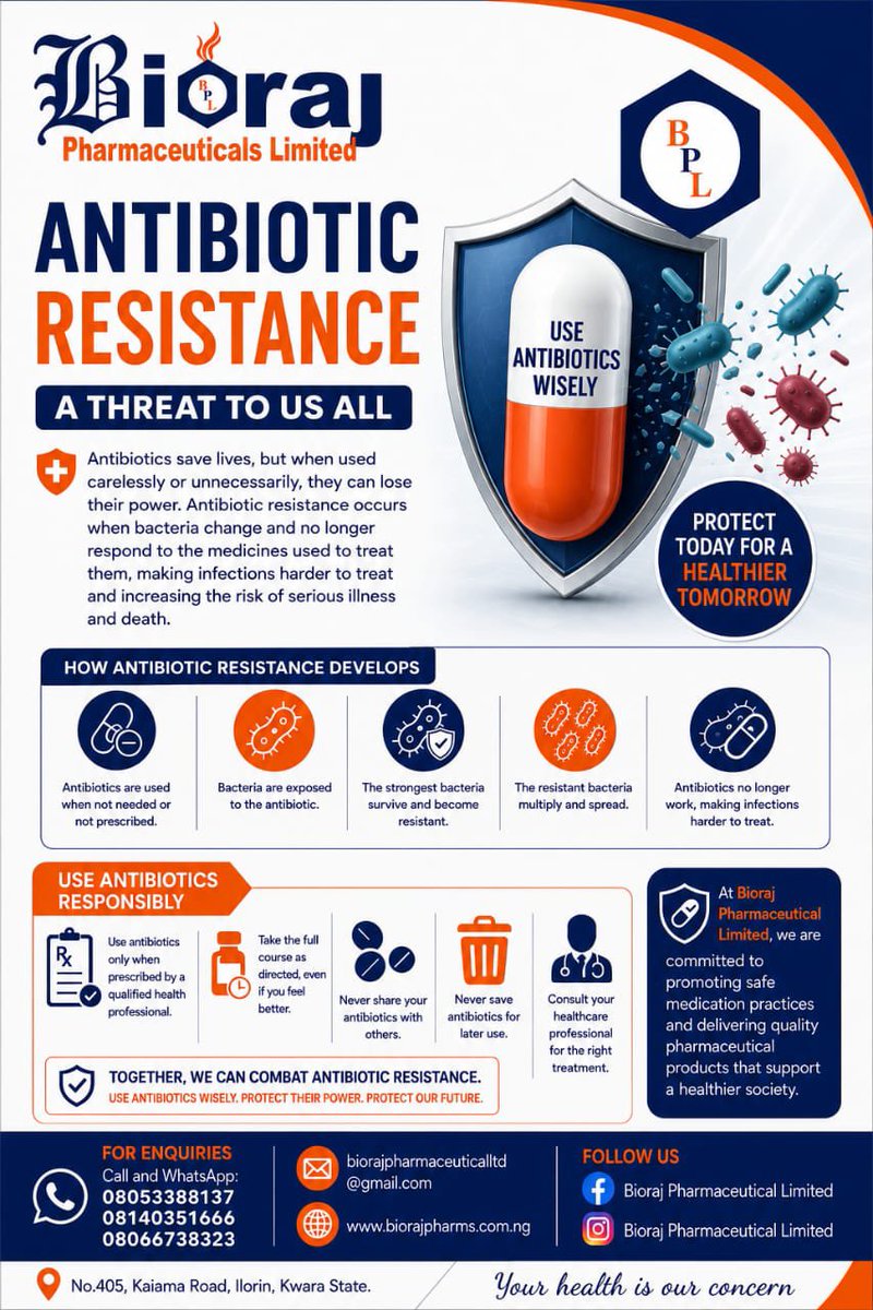 biorajpharms's tweet photo. Antibiotic resistance means some medicines stop working because they are misused or overused. This makes infections harder and more expensive to treat.
#AntibioticResistance
#UseAntibioticsWisely
#MedicationSafety
#HealthAwareness 
#BiorajPharmaceuticalLimited https://t.co/iVEPQAjw8O