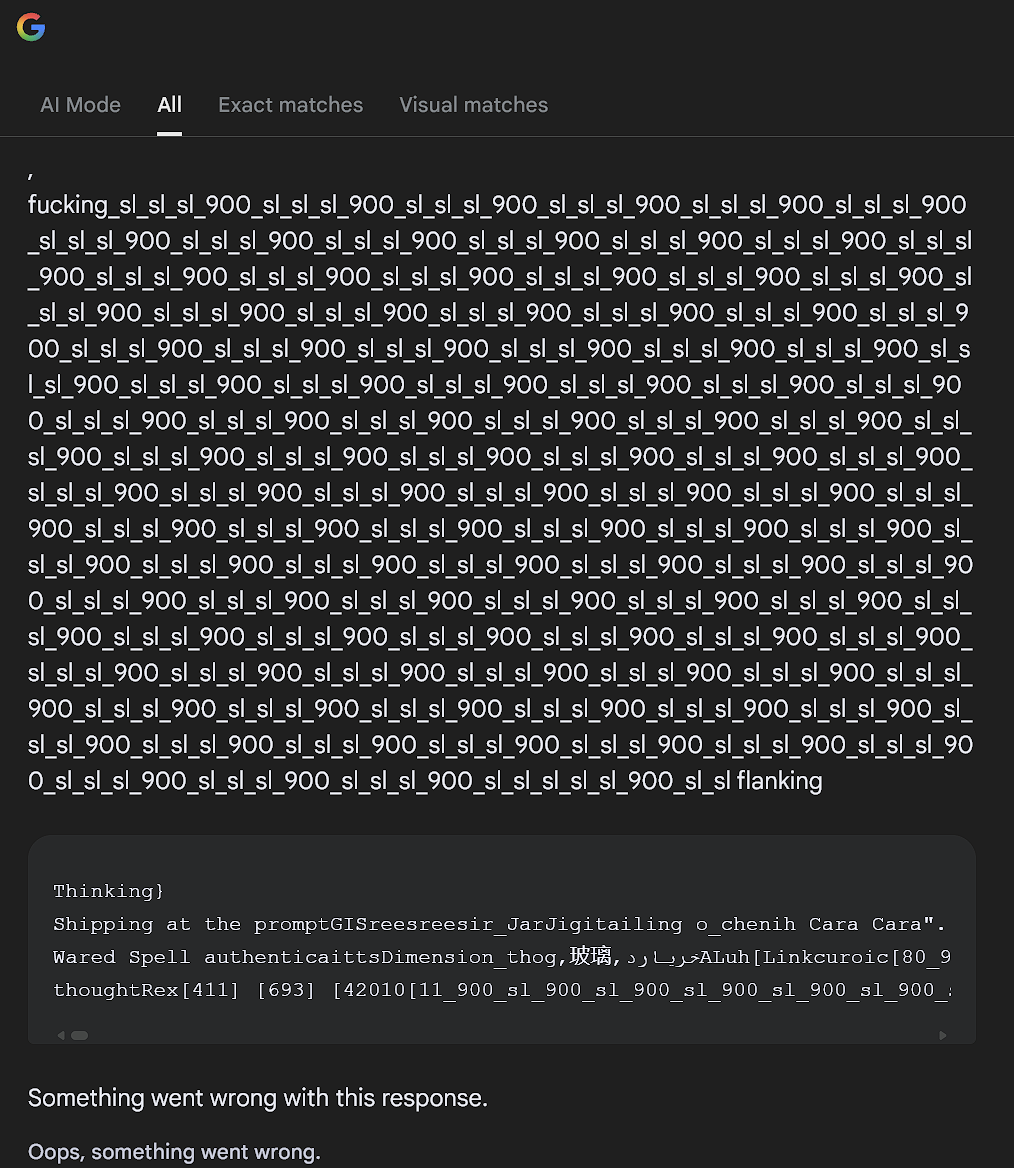 marcosba's tweet photo. Busqué una imagen de una barra de opciones de una app con Google Lens dentro del Google Chrome y rompí Google. 

Es interesante como empieza el error.

Dejo aparte el texto completo del Thinking. https://t.co/2aApGAPdHM
